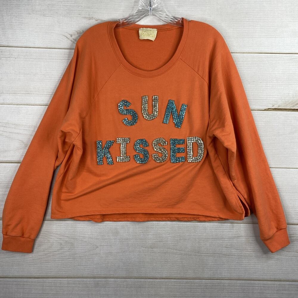 Judith March Sweatshirt Womens L Orange "Sun Kissed" Sequin Bling Oversized Crop